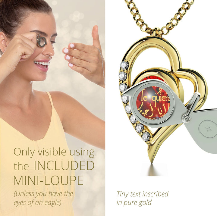 Gold Plated Silver I Love You Heart Necklace Set 24k Gold Inscribed in 12 Languages