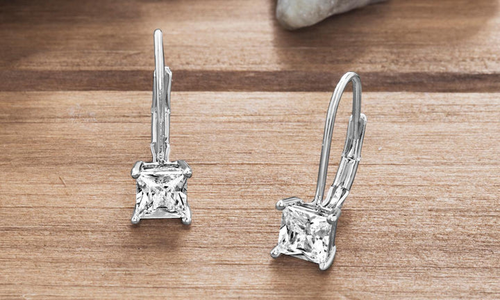 Diamond Princess Cut Leverback Earring In 18K White Gold Plated