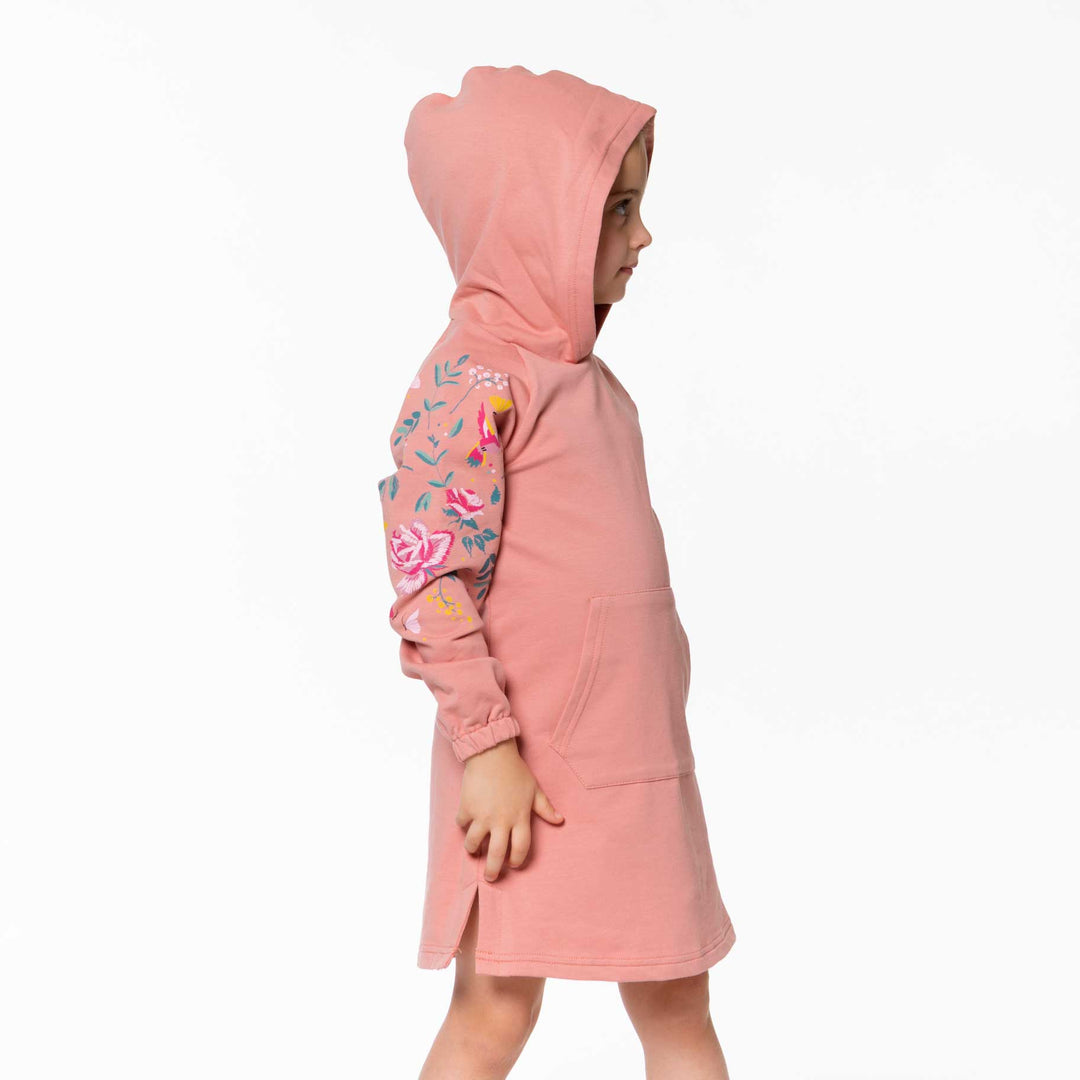 Hooded French Terry Dress Rose Tan With Flowers Print