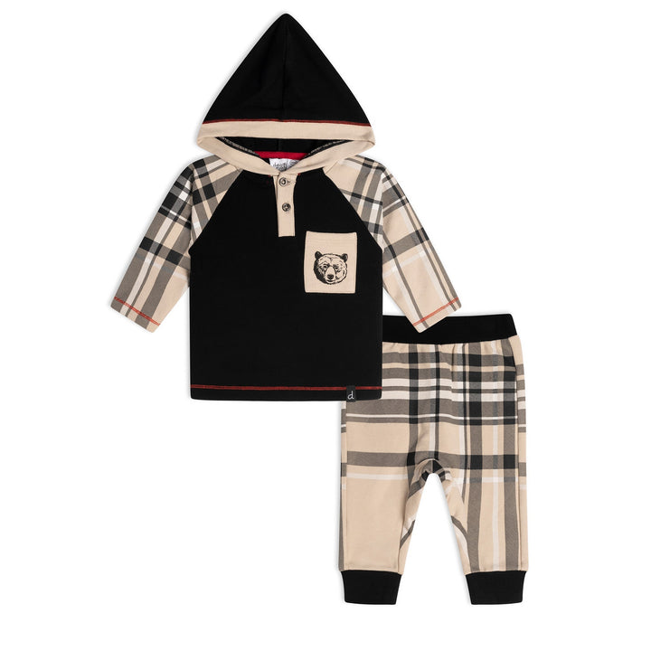Hooded Top And Pant Set Black And Beige Plaid