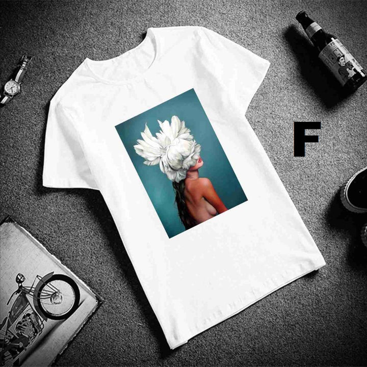 Flowers Feather Print Short Sleeve Tops