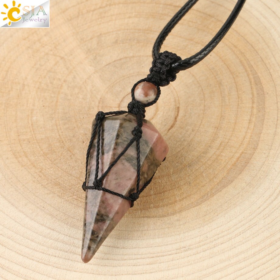 CSJA Natural Stone Cone Pendants Crystal Quartz Black Rope Wrapped Treatment Stones